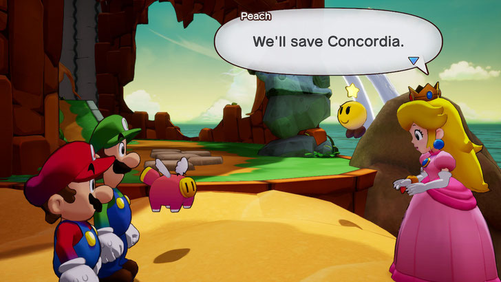 Game screenshot showing the brothers in conversation with the princess.