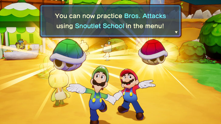 Game screenshot showing the brothers obtaining a special attack.