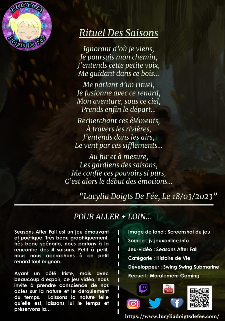 Poème Rituel Des Saisons, écrit par Lucylia Doigts De Fée, recueil Moralement Gaming pour l'univers de Lucylia, jeu vidéo Seasons After Fall