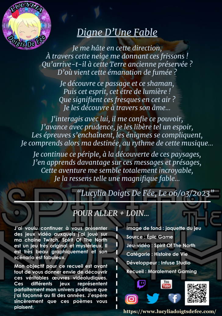 Poème Digne D'Une Fable, écrit par Lucylia Doigts De Fée, recueil Moralement Gaming pour l'univers de Lucylia, jeu vidéo Spirit Of The North
