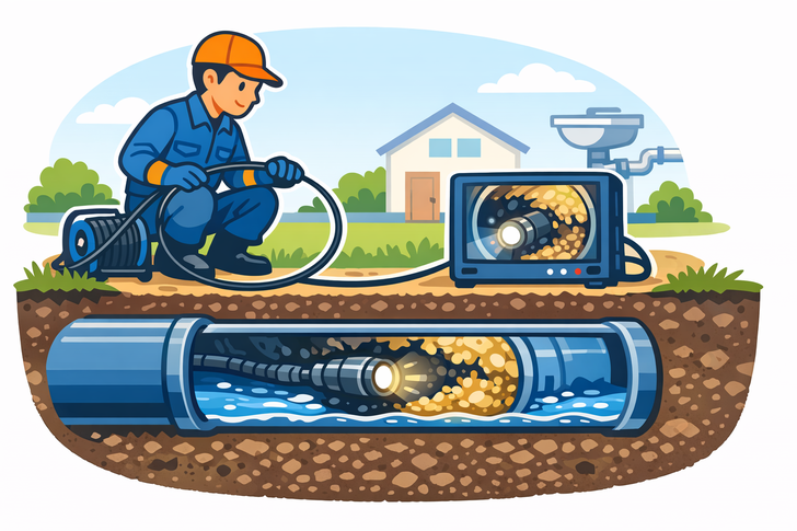 排水管の内部をライト付きカメラで調査し、詰まりや汚れを確認しているイラスト