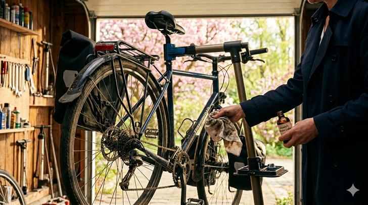  Garagen-Szenario im „Cinematic Look“. Im Fokus steht ein hochwertiges, aber leicht staubiges Trekkingrad.