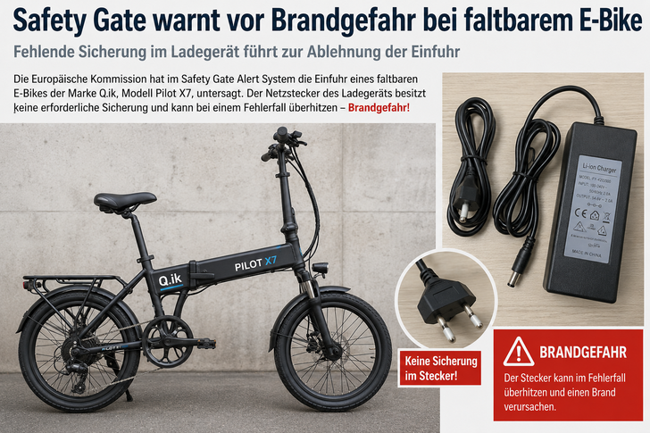 Europäische Kommission hat im Rahmen des Safety Gate Alert Systems vor einem faltbaren E-Bike der Marke Q.ik, Modell Pilot X7, gewarnt.