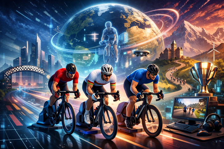 UCI‑ und MyWhoosh: virtuelle Rennatmosphäre, internationale Ausrichtung, moderne Esports‑Optik.