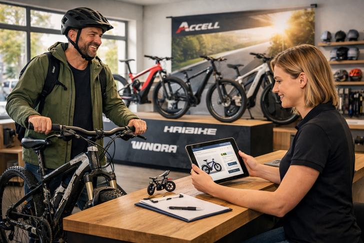 Inzahlungnahme‑Szene direkt im Fahrradgeschäft – mit Kunde, Verkäuferin und den neuen E‑Bikes im Hintergrund © KI-generiert