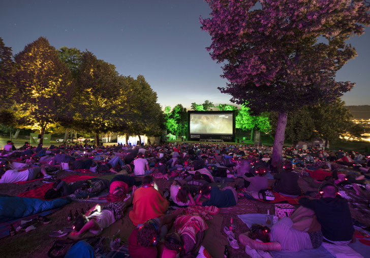 Viele Menschen sitzen in der Dämmerung vor der großen Leinwand beim stimmungsvollen Open-Air-Kino "Festungsflimmern" am Fuße der Würzburger Festung