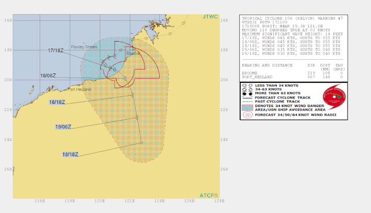 Forecast track map of Tropical Cyclone Kelvin. Image from JTWC.