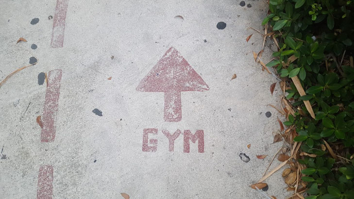 Der Asphalt einer Straße von Oben. Auf dem Asphalt steht ein großer roter Pfeil und darunter das Wort Gym.