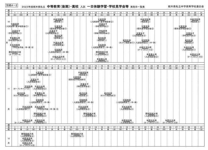 私立高校 一日体験学習・学校見学会 日程