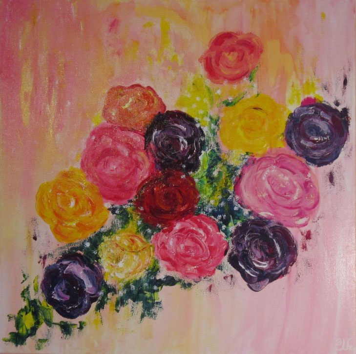 peinture, acrylique, inspirée, bouquet, roses, fleurs, violet, jaune, rétro, charme
