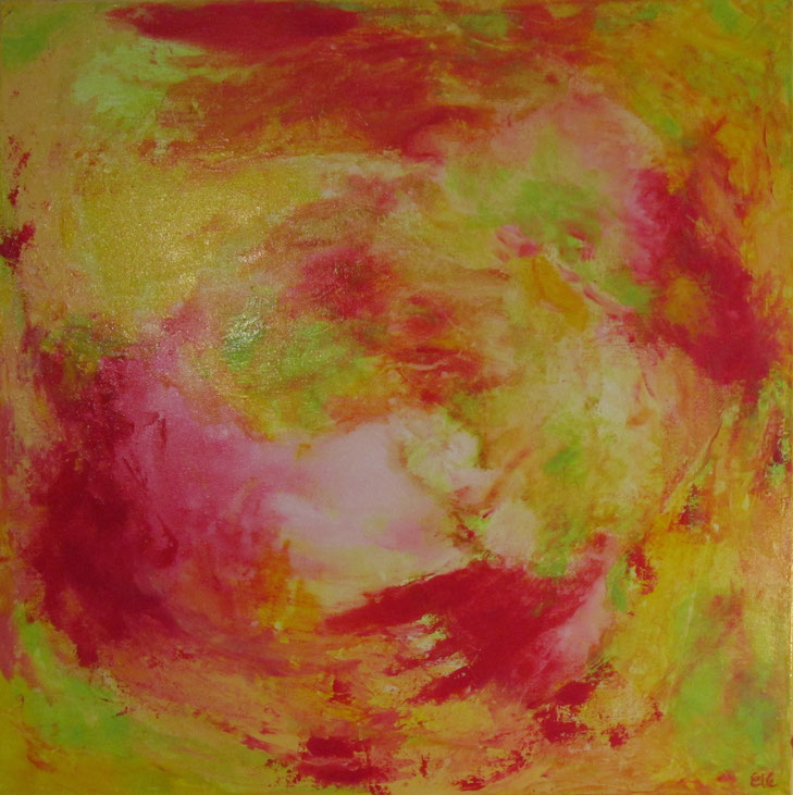 peinture, acrylique, inspirée, vortex, couleurs, rouge, orange, vert, spirale