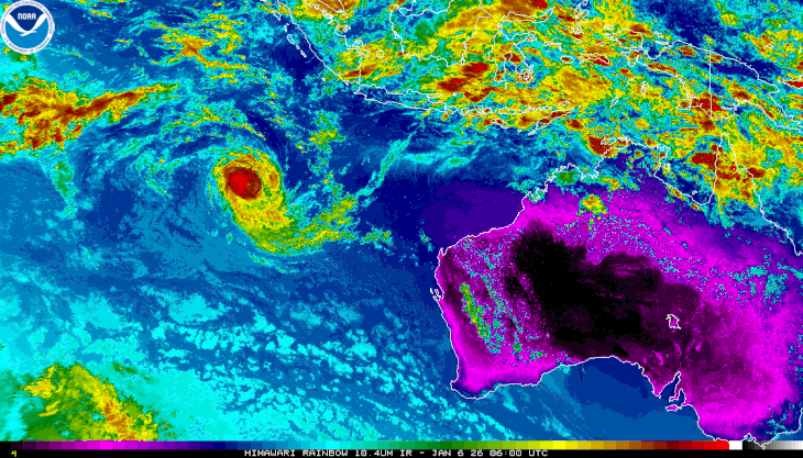 Colourised satellite image of tropical cyclone Jenna in the Indian Ocean 06/01/2026. Image from NOAA.