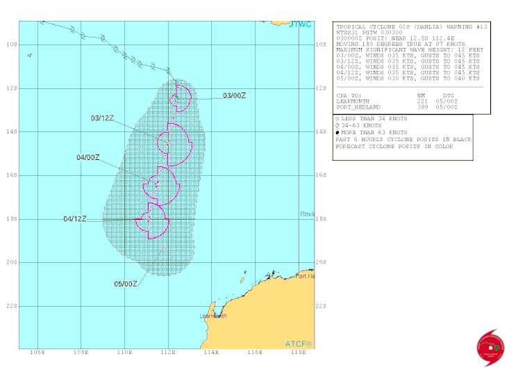 Forecast track map of Tropical Cyclone Dahlia. from JTWC