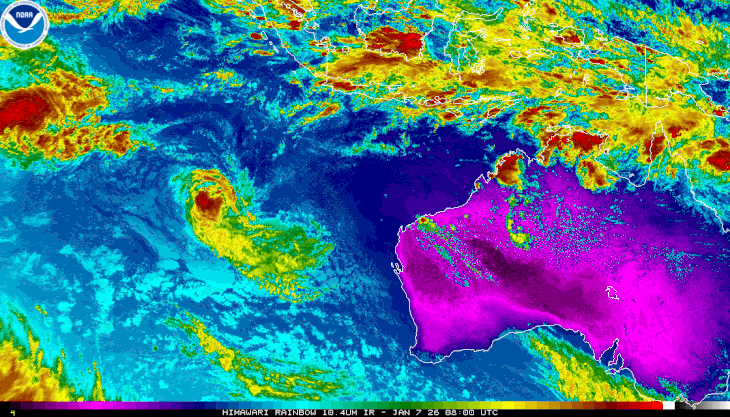 Colourised satellite image of tropical cyclone Jenna in the Indian Ocean 07/01/2026. Image from NOAA.
