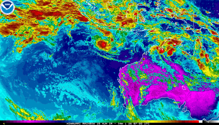 Satellite image of tropical cyclone Iggy in the southern Indian Ocean, 01/01/2026. Image from NOAA.
