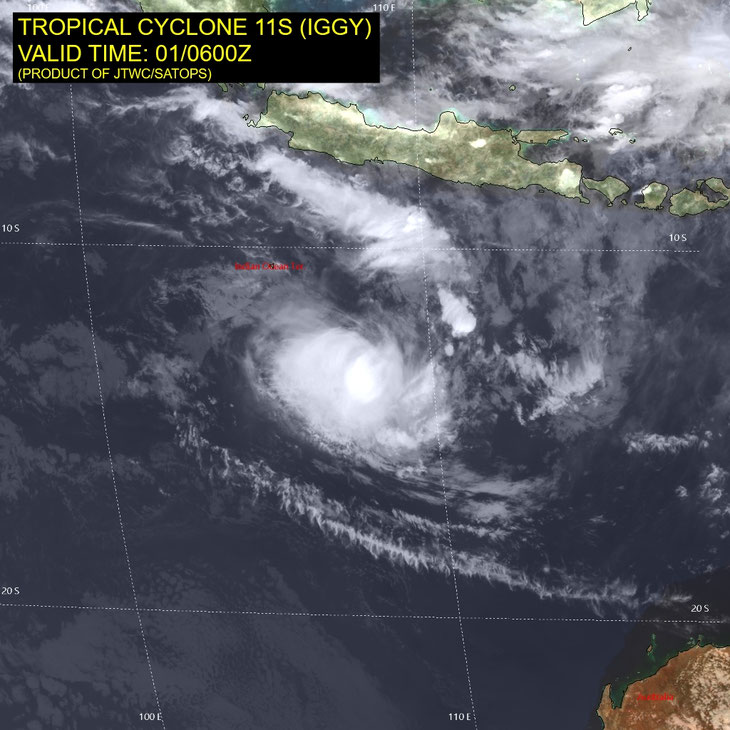 Satellite image of tropical cyclone Iggy in the southern Indian Ocean, 01/01/2026. Image from JTWC.