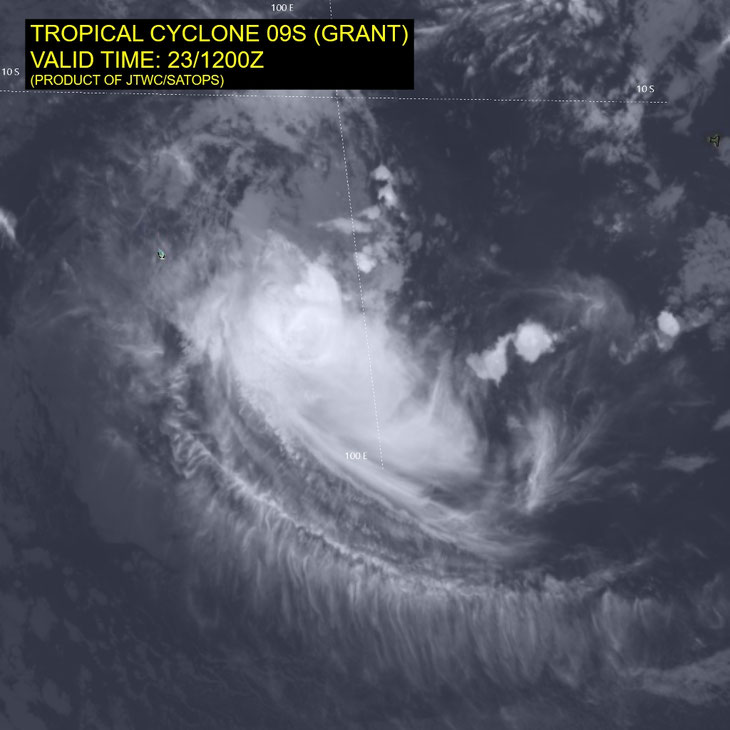 Satellite image of tropical cyclone Grant near Cocos (Keeling) Islands in the Indian Ocean. December 24 2025, image from JTWC.