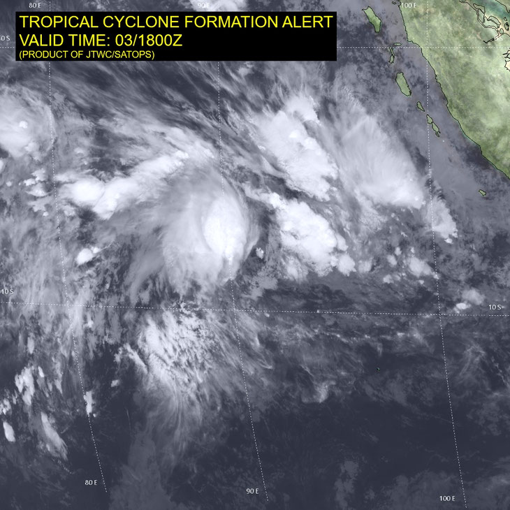 Satellite image of a developing tropical cyclone in the Indian Ocean 04/01/2026. Image from JTWC.