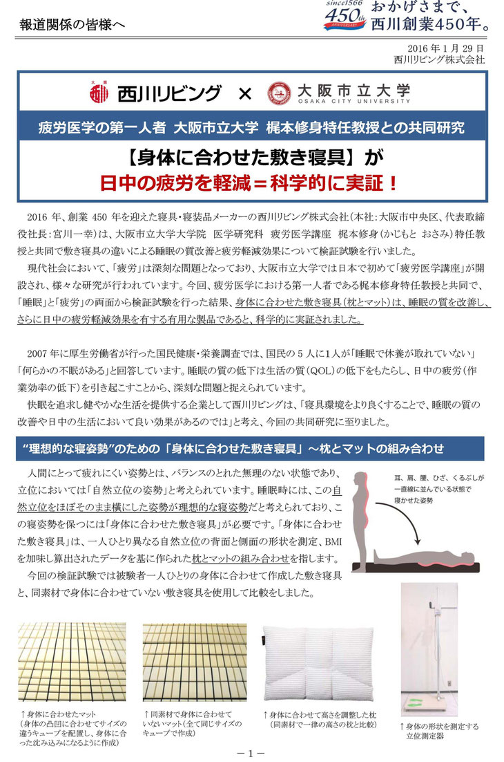 体に合わせた敷き寝具は 睡眠の質を改善させ 日中の披露を軽減する！　西川株式会社 オーダーメイドマットレス フィットする眠り