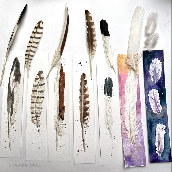 Lesezeichen, Buchzeichen, bookmark, Feder, Federn, feather, Aquarell, watercolour, watercolor, Weihnachtsgeschenk, bunt, illustration 