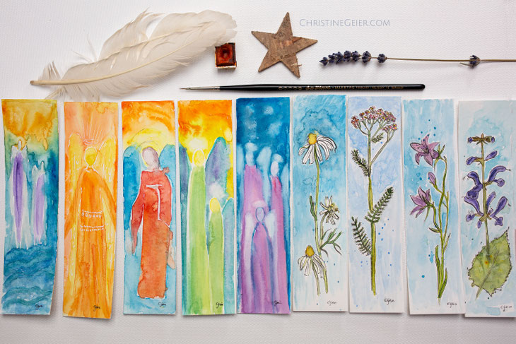 Buchzeichen, Lesezeichen, bookmark, Engel, Heilkräuter, Kräuter, Heilpflanzen, Malerei, Illustration, Aquarell, watercolour, watercolor
