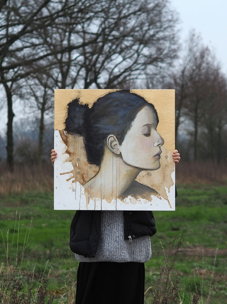 © Conni Altmann, Originalgemälde "A second wind", Mischtechnik mit Schlagmetall Gold auf Sperrholz, ca. 70 x 70 x 2 cm