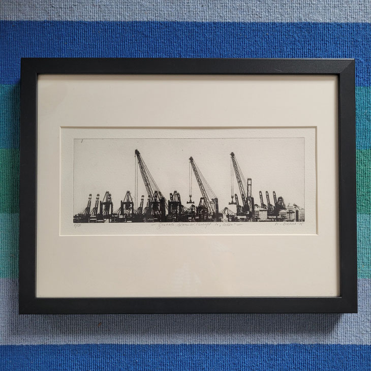 Wandbild, Grafik, Kunst vom Hamburger Hafen, mit Hafenkräne im Hamburger Hafen Hochzeitsgeschenk für Hamburger Geschenk zur Hochzeit Hamburger Kunst als Geschenk Hamburg