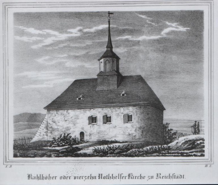 Wallfahrtskirche im Jahr 1866 auf der Kahlen Höhe in Reichstädt (Dippoldiswalde) / https://de.m.wikipedia.org/wiki/Kahleh%C3%B6henkirche