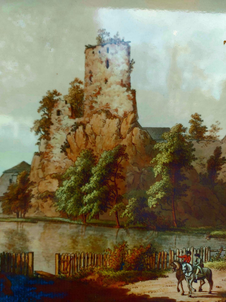 Bild 1 / Infotafel Burg Rechenberg: Gemälde  (17./18. Jahrhundert) der Burgruine mit Teich vor ihrem Abriss