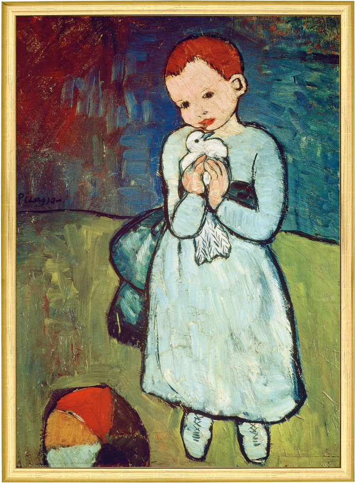 Pablo Picasso: Mädchen mit Taube (1901) / https://shop.kleinezeitung.at)