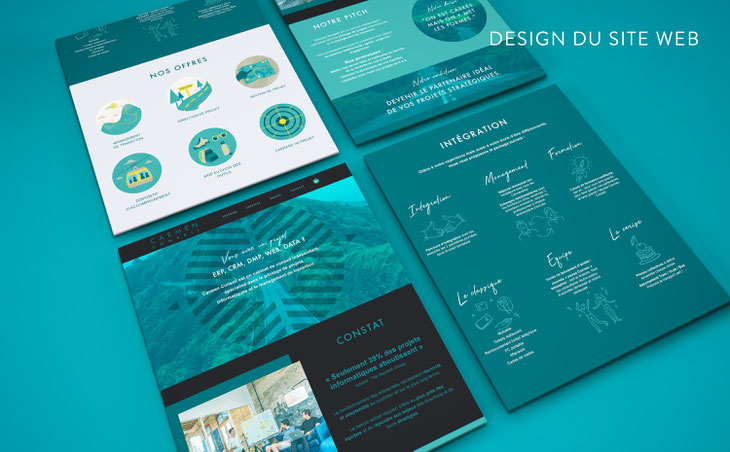 Design graphique des différentes blocs du site web de Carmen Conseil. Graphisme et UI design à Bordeaux.