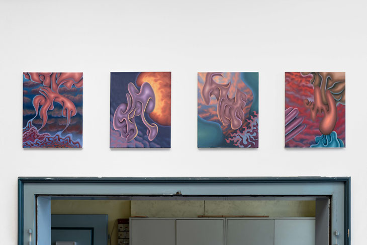 Pang + Retract + Protract + Repose, all 2021, oil on canvas, 43 x 35 cm