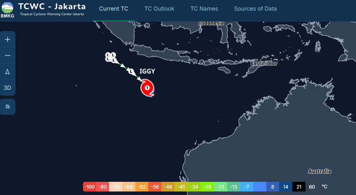 Track map of tropical cyclone Iggy in the southern Indian Ocean (01/01/2026). From TCWC Jakarta.