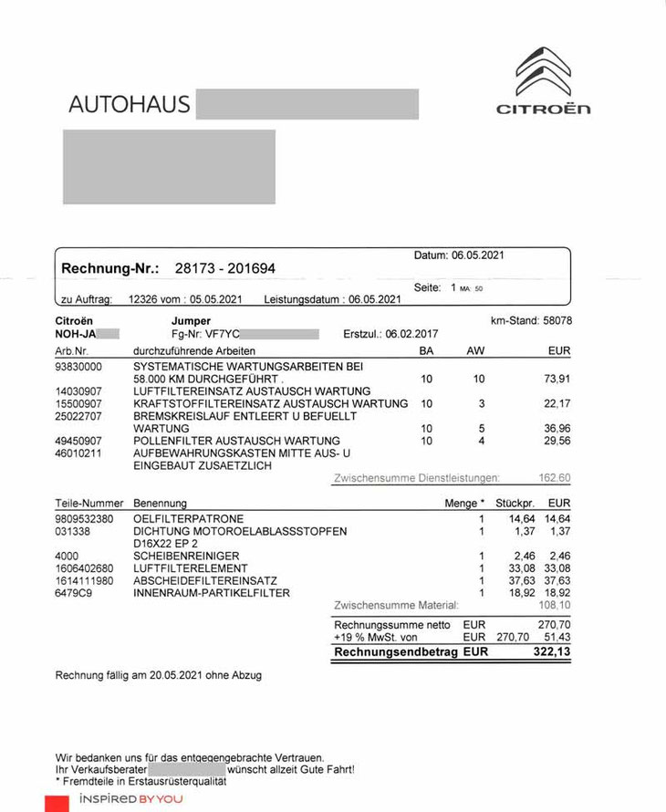 Citroën Jumper III Wartung, Pflege & mehr Hesslingers Reise