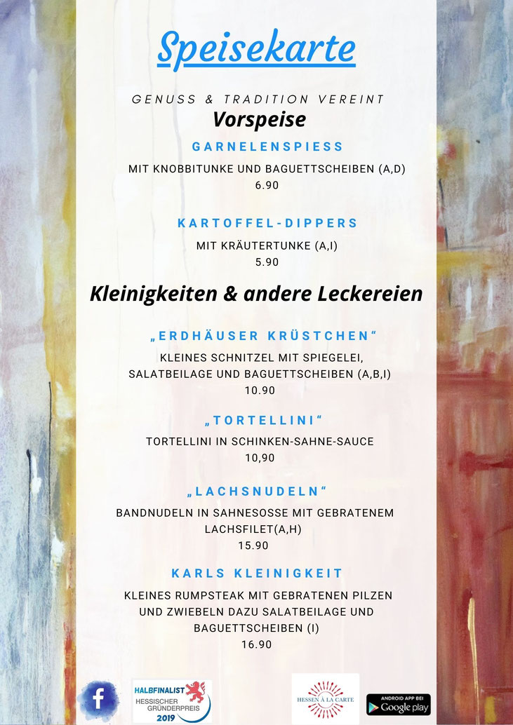 Speisekarte Künstlerhaus Lenz, Speisekarte, Gladenbach, Restaurant in Gladenbach, Cafe in Gladenbach, Pension in Gladenbach, Schnitzel, Steak, Salate, Vegetarisch