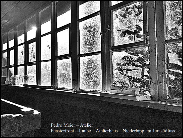 Pedro Meier – Atelier – Fensterfront, Laube, Atelierhaus Niederbipp am Jurasüdfuss, Foto 2025 by Pedro Meier, Lyriker, Schriftsteller, Multimedia Artist, Conceptual Art, Spoken Word Performance, FLUXUS DADA, Gesamtkunstwerk Künstlerlexikon SIKART Zürich