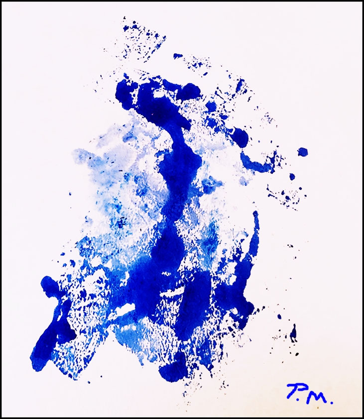 Pedro Meier, Erinnerung an die Zen-Klöster Kyotos, Zyklus Lyrische Pinsel-Poesie, Variationen in Blau Nr. VIII, Monotypien 2025, Auf selbst geschöpftem Papier von der Rinde des Maulbeerbaums, Pedro Meier, Schriftsteller, Multimedia Artist, Conceptual Art