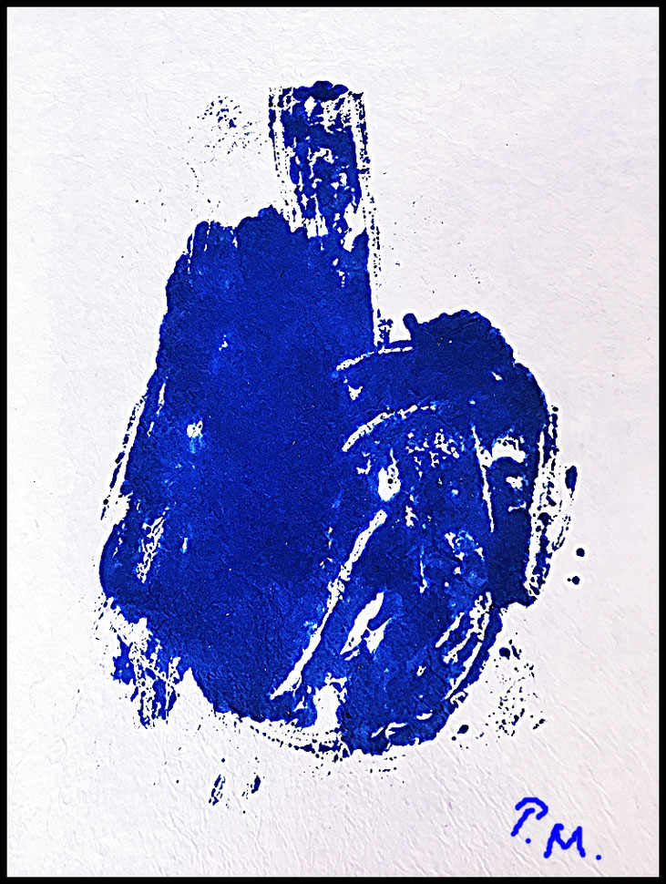 Pedro Meier, Erinnerung an die Zen-Klöster Kyotos, Zyklus Lyrische Pinsel-Poesie, Variationen in Blau Nr. IX 2025 Monotypie Auf selbst geschöpftem Papier von der Rinde des Maulbeerbaums, Thailand, Artwork by Pedro Meier, Schriftsteller, Multimedia Artist