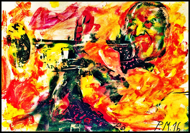 Pedro Meier, Louis Armstrong, New Orleans Jazz, Mixed Media, Artwork 2016 by Pedro Meier Lyriker Schriftsteller, Multimedia Artist, Conceptual Art, Spoken Word Performance, Niederbipp Jurasüdfuss, Künstlerlexikon SIKART Zürich, Autorenlexikon AdS Schweiz