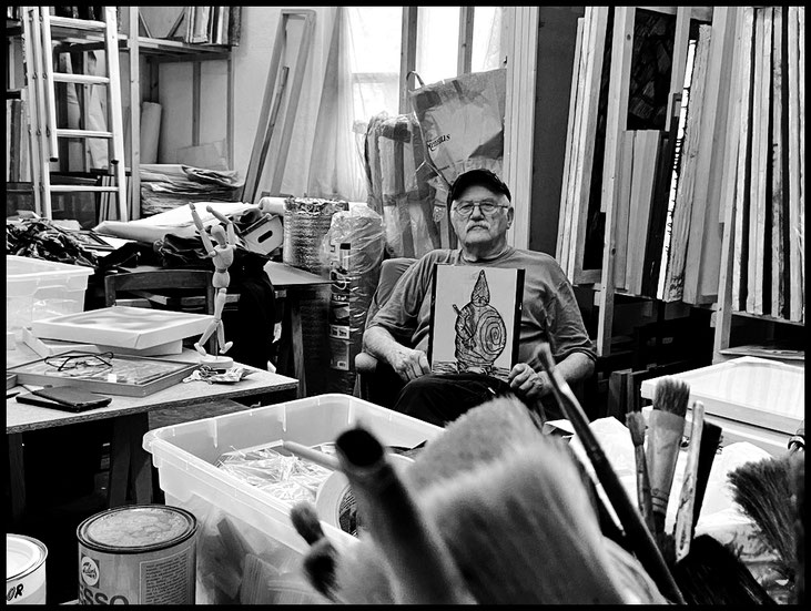 Pedro Meier, Impressionen aus dem Atelier Kunsthalle Olten Offspace, mit Bild »König Ubu«, Paraphrase zu Theaterstück von Alfred Jarry (Dada, Surrealismus, Futurismus), Work in Progress 2020 Artwork by Pedro Meier, Multimedia Artist, Schriftsteller, Haiku