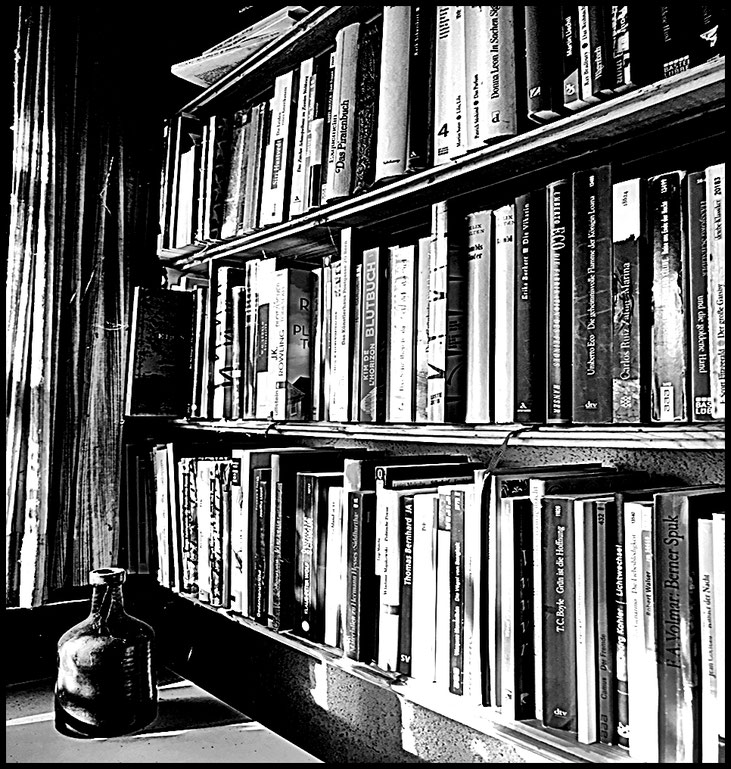 Pedro Meier – Bücherecke mit Blumenvase, Atelier-Laube, Bibliothek, Schreibort, Leseort, Atelierhaus Niederbipp am Jurasüdfuss – Pedro Meier, Lyriker, Schriftsteller, Multimedia Artist, Conceptual Art, Spoken Word Performance, FLUXUS DADA, Gesamtkunstwerk