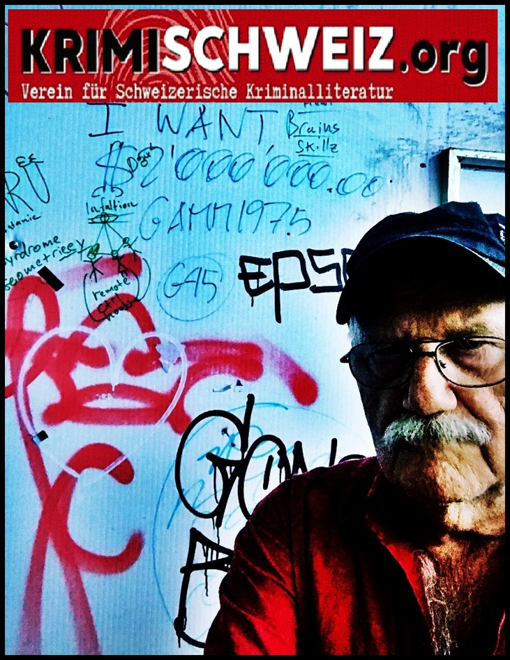 Pedro Meier Schriftsteller, Artist & Crime Writer – Porträt mit Graffiti in Bern – Autor Krimi Schweiz, KrimiSchweiz.org – Pedro Meier, Conceptual Art, Spoken Word Performance, Transavantgarde, Kunstnomade, Gesamtkunstwerk – Autorenlexikon AdS Schweiz