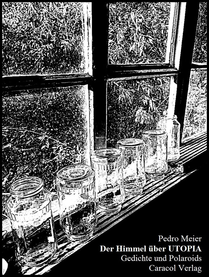 Pedro Meier, Atelierfenster mit Einmachgläsern, Atelierhaus Niederbipp am Jurasüdfuss, im Hintergrund Bambushain – Der Himmel über UTOPIA, Gedichte und Polaroids, Streifzüge durch New York, Caracol Verlag – ISBN 978-3-907296-35-6 – Pedro Meier, Lyriker
