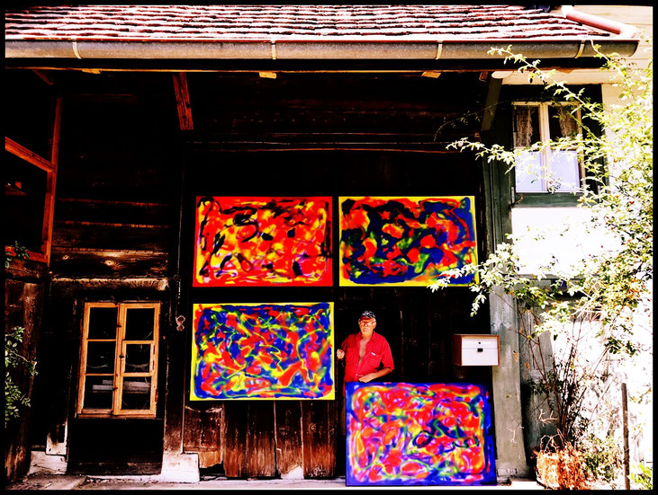 Pedro Meier Tetralogie Zyklus »Smoke On The Water«, Öl, Lack auf Leinwand, 2018, je 100x150 cm, Tennstor, Scheune, Atelierhaus, Bauernhaus, Niederbipp Jurasüdfuss, Artwork by Pedro Meier, Schriftsteller, Multimedia Artist, 2018 Galerie Stadthof Bremgarten