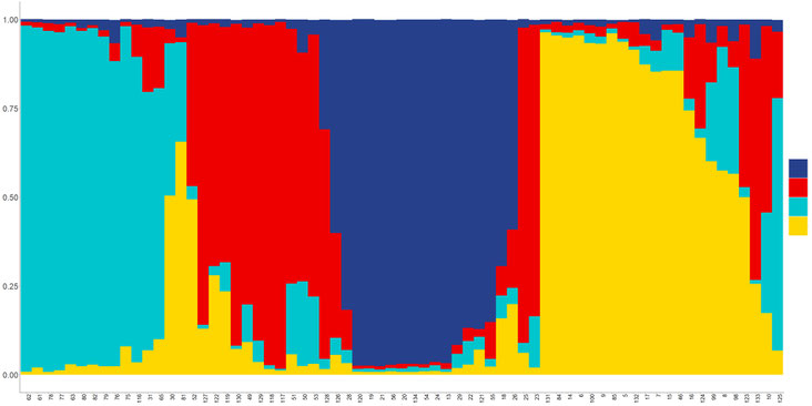 Structure analysis of the sites NP1-3, although expecting three populations, there were clearly four genetic groups (= colors) present, indicating a barrier within the site NP3