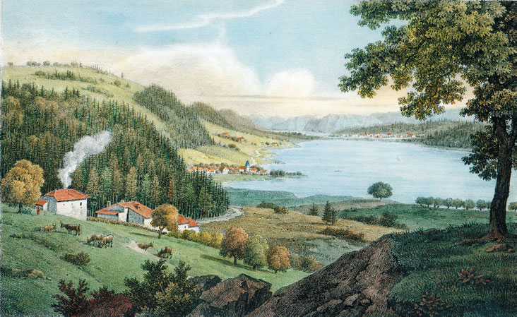 Das Vallée de Joux, vom Mont-Du-Lac aus gesehen. Eine Lithographie von Bourgois, 1822