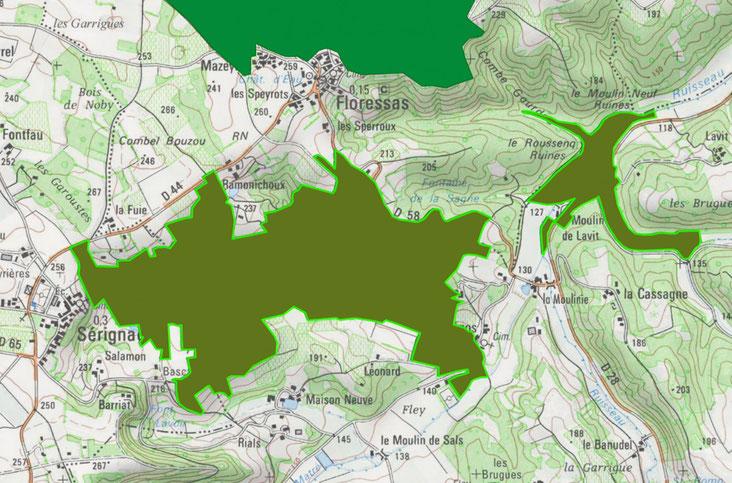 la ZNIEFF de FLORESSAS dite du "Pech Carlat"  cartographie