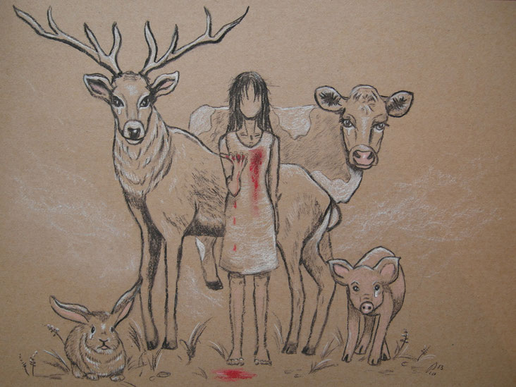 Kohlezeichnung ‚Lily Vegan‘ von Pia Staudacher zeigt ein gesichtsloses Mädchen mit blutendem Herzen, umgeben von weinenden Tieren, die den Betrachter anblicken.