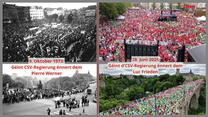 ▲ Lénks - Protest géint d'CSV ënnert dem Pierre Werner, riets - Protest géint d'CSV ënnert dem Luc Frieden.