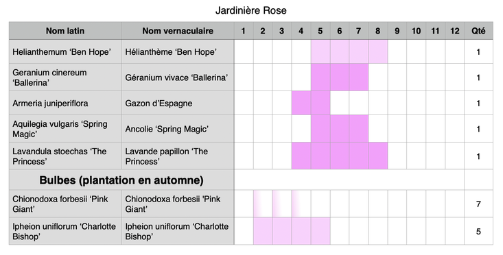 Composition possible pour une jardinière de fleurs roses